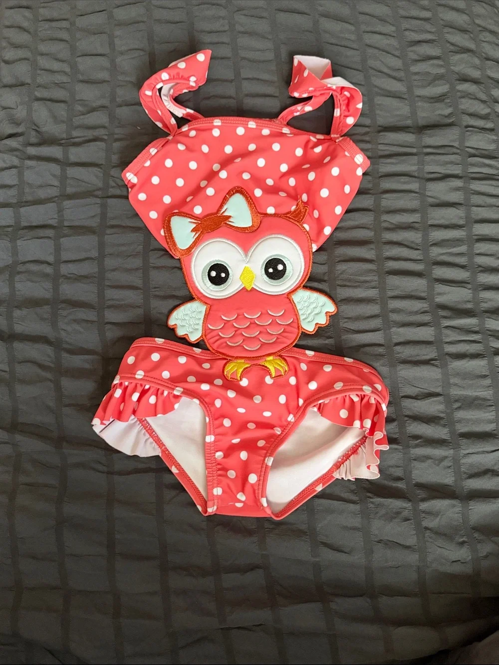 Girls Coral Polka Dot Owl One-Piece Swimsuit